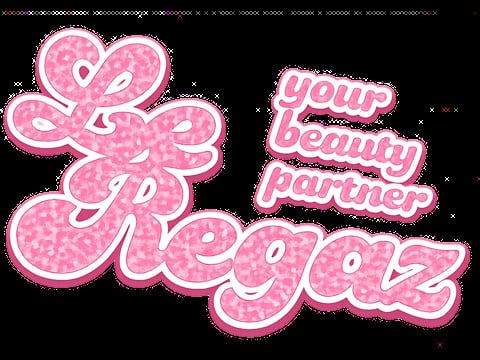Pink glittery logo with flower and text reading your beauty partner shegooz